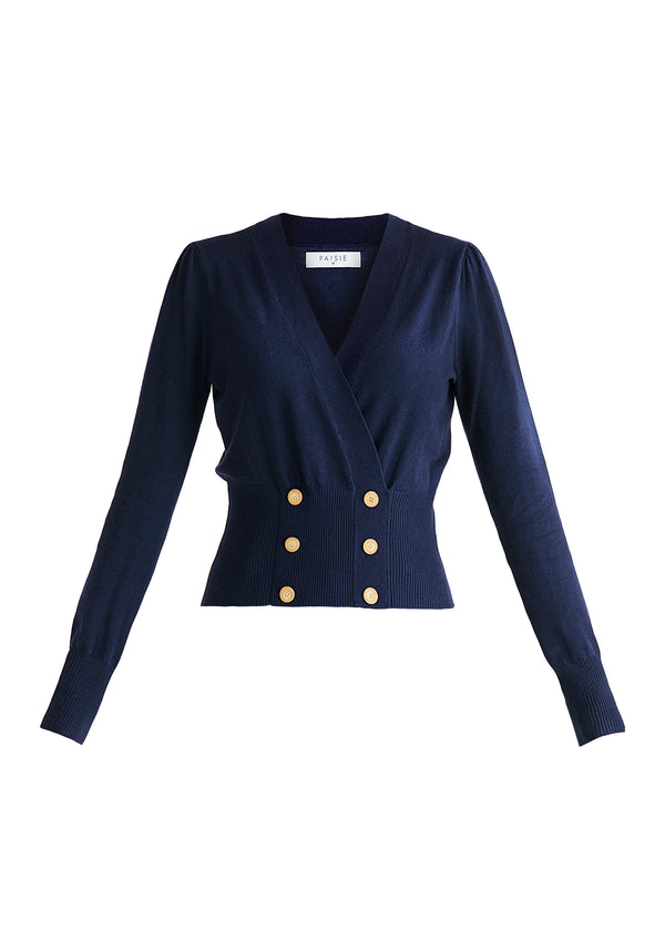 Long Sleeve Knitted Button Wrap Top in Navy Cutout